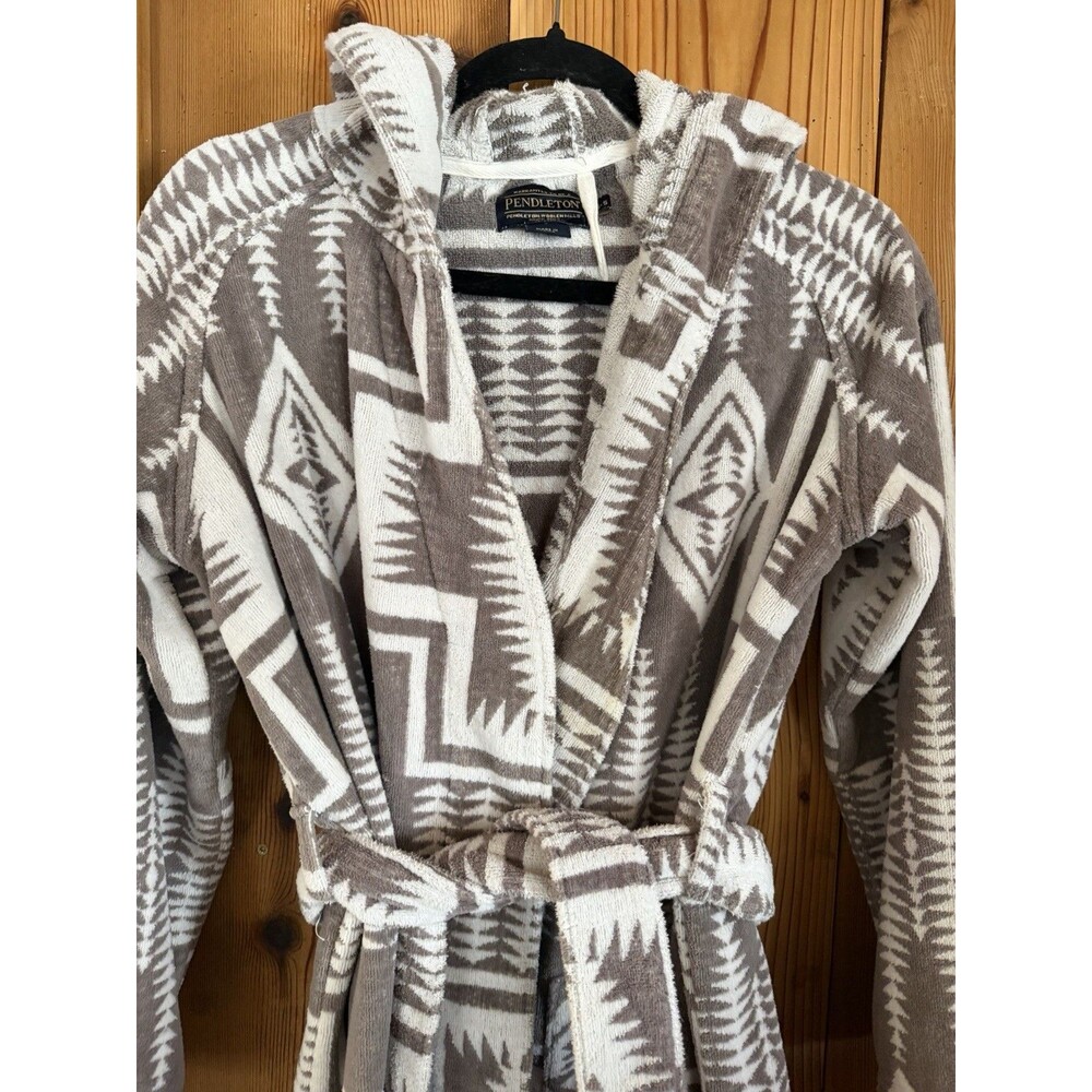 Pendleton Grey Harding Robe Women Aztec Pockets Tie XS-S Cozy Warm Hood - Picture 3 of 7